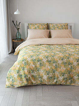 КомплектПостельногоБельяЕвроDE'NASTIA(пододеяльник200х220смПростыня230х260смНаволочки50x70см2шт70х70см2шт)ФлёрОрхидеиОрнаментЗеленыйБежевыйЖатыйХлопок 000000000001227504