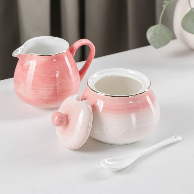 Сервиз чайный 15 предметов ДОЛЯНА Млечный путь (6шт чашек, 6шт блюдец, молочник, чайник, сахарница) розовый фарфор 000000000001210618
