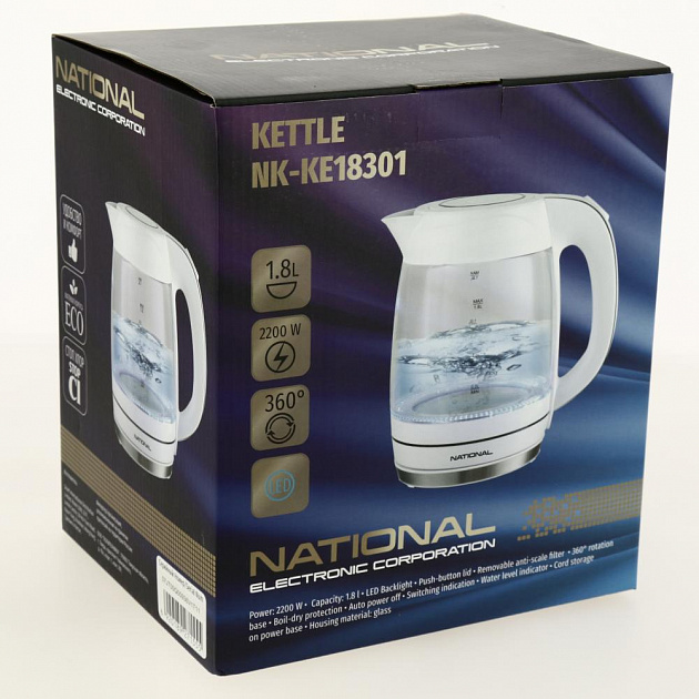 Чайник электрический 1,8л NATIONAL NK-KE18301 мощность 2200Вт. LED подсветка. Фильтр от накипи. Отключение при закипании/отсутствии воды. Белый.Стекло 000000000001201116